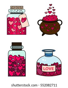 bottle with hearts in flat icon style. Love elixir logo. Vector illustration.