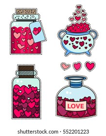 bottle with hearts. Love elixir stickers.