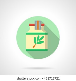 Bottle with herbal extract with label with green branch. Medicine, alternative therapy and cosmetology. Round flat color style vector icon