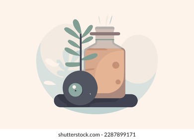 A bottle of herbal medicine with a plant in the middle flat graphic vector illustration bottles