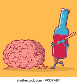 Bottle hitting brain with a bat vector illustration. Alcohol abuse, headache design concept