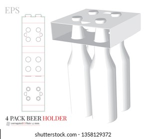 Bottle Holder Template, Four Pack Bottle Carrier with die lines. Self Lock, Vector with die cut, laser cut layers. White, clear, blank, isolated Beer Pack mock up on white background, perspective svg