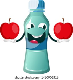 Bottle is holding apples, illustration, vector on white background.