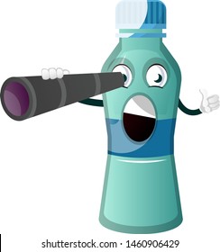 Bottle is holding binoculars, illustration, vector on white background.