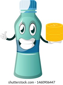 Bottle is holding coins, illustration, vector on white background.