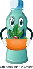 Bottle is holding flowerpot, illustration, vector on white background.