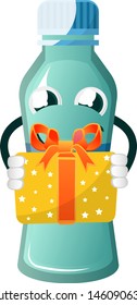 Bottle is holding present, illustration, vector on white background.