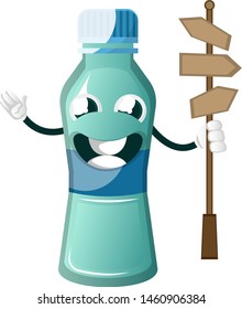 La botella está sosteniendo el símbolo de la dirección de la carretera, la ilustración, el vector sobre el fondo blanco.