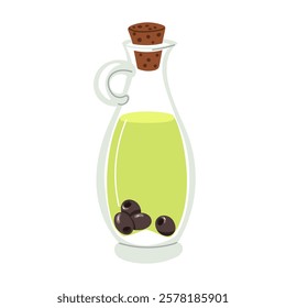 Bottle of homemade Olive oil, closed with olives inside. flat illustration is isolated on white. transparent glass container with handle is covered, cork lid for home use. recipes of natural dishes