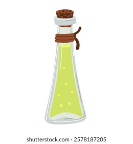 bottle of homemade olive oil is closed. flat illustration is isolated on white. A transparent glass elongated bottle with a thread is closed with a cork lid for home use. For recipes of natural dishes