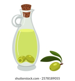 Bottle of homemade Olive oil, closed, with green olives inside. Flat illustration. transparent glass container with handle is covered with cork lid for home use next to branch. recipes for dishes made