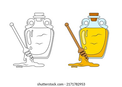 Bottle of honey and  honey dipper . Children's coloring book with a color sample. The contour is not in curves, with the possibility of editing.