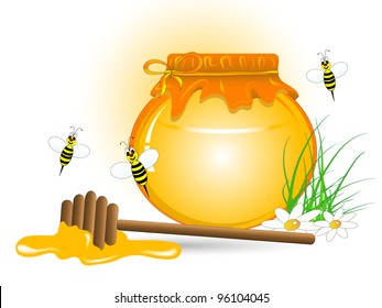 Bottle with honey, grass, bees and daisy