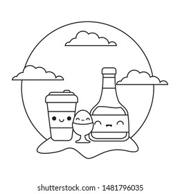 bottle of honey with set food in landscape kawaii style