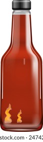 A bottle of hot sauce with flames