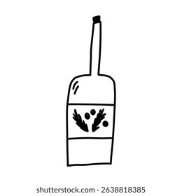 Bottle of hot wine in hand drawn doodle style, vector illustration isolated on white background. Cartoon alcohol drink in bottle, Christmas holiday.