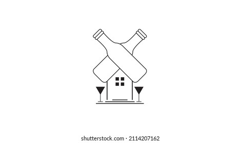 Logo des Flaschenhauses Flaschen und Gläser bilden ein Haus. Dieses Logo ist einzigartig und kreativ und eignet sich für Bar, Pub oder Brauerei.