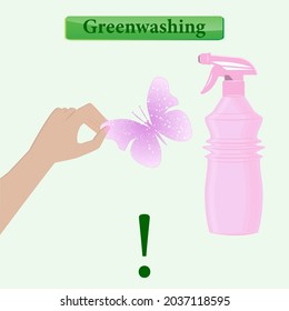 A bottle of household chemicals with a dispenser, a hand holds a butterfly - vector. Quality control of environmentally friendly products. Greenwashing