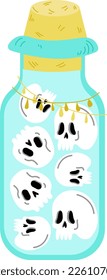 Bottle with human skulls. Mini bottles, magical bottles, color potion. Halloween decoration