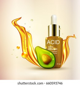 Bottle of hyaluronic acid with an extract of avocado. Vector advertising template illustration