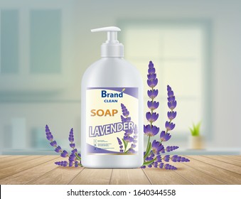 Bottle of hygienic soap dispenser with lavender flowers. Packaging with label design. Vector illustration