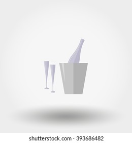 Bottle in ice bucket and two glasses. Icon for web and mobile application. Vector illustration on a white background. Flat design style.