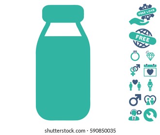 Bottle icon with bonus amour icon set. Vector illustration style is flat iconic cobalt and cyan symbols on white background.
