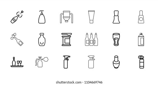 Bottle icon. collection of 18 bottle outline icons such as nail polish, soap, drink, protein powder, champagne, tank, cream tube. editable bottle icons for web and mobile.