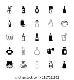 Bottle icon. collection of 25 bottle filled and outline icons such as baby toy, soap, spray paint, drink, maple syrup, milk, perfume. editable bottle icons for web and mobile.