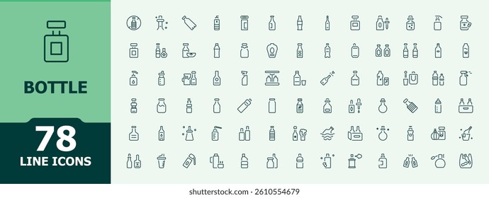 Bottle icon collection. Contains such icons as container, water plastic wine eco, water and more. Icons for application. Drink modern icon. Editable stroke. Vector illustration.