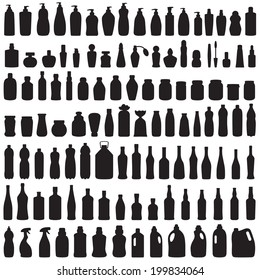 bottle icon collection,  vector isolated silhouette of package, 