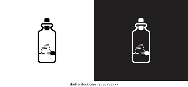 Ícone de garrafa com conteúdo corrosivo, Rótulo Hazmat no frasco de embalagem. Símbolo do material que causa corrosão, garrafa química com ilustração de vetor de etiqueta de sinal de perigo em fundo preto e branco.