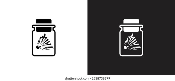 Ícone de garrafa com conteúdo explosivo, Rótulo Hazmat no frasco de embalagem. Emblema da substância explosiva, garrafa química com ilustração do vetor do rótulo do sinal de perigo no fundo preto e branco.