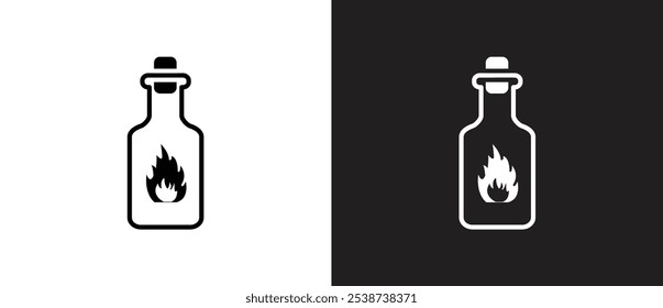 Ícone do frasco com conteúdo inflamável, Rótulo de Hazmat no frasco da embalagem. Garrafa química com ilustração de vetor de etiqueta de perigo em fundo preto e branco.