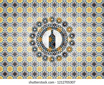 bottle icon inside arabesque badge background. arabic decoration.
