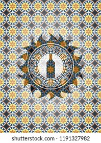 bottle icon inside arabic badge. Arabesque decoration.