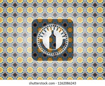 bottle icon inside arabic badge. Arabesque decoration.