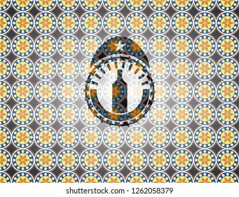 bottle icon inside arabic emblem background. Arabesque decoration.