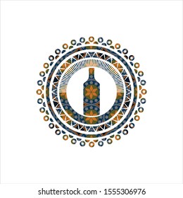 bottle icon inside arabic emblem background. Arabesque decoration.