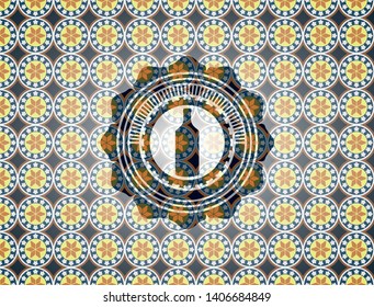 bottle icon inside arabic style badge. Arabesque decoration.
