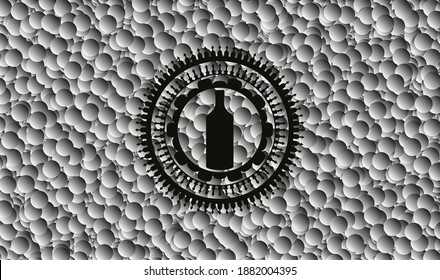 icono de botella dentro del emblema negro con fondo de burbujas grises. Ilustración vectorial. Detallado. 