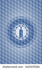 bottle icon inside blue badge with geometric pattern background.