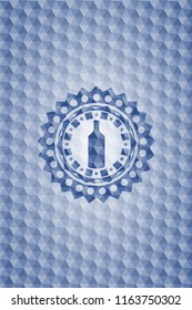 bottle icon inside blue emblem with geometric pattern.