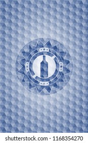 bottle icon inside blue emblem with geometric pattern background.