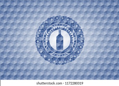 bottle icon inside blue emblem or badge with geometric pattern background.