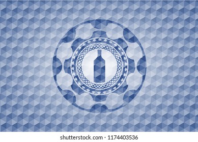 bottle icon inside blue emblem or badge with abstract geometric pattern background.