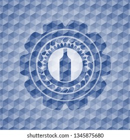 bottle icon inside blue emblem with geometric pattern background.