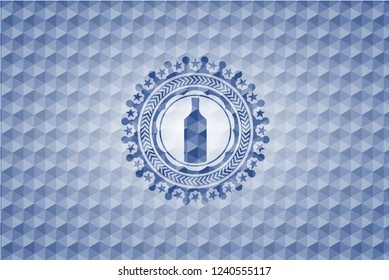 bottle icon inside blue hexagon emblem.