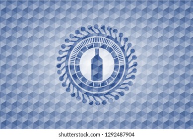 bottle icon inside blue hexagon emblem.