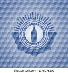 bottle icon inside blue polygonal emblem.